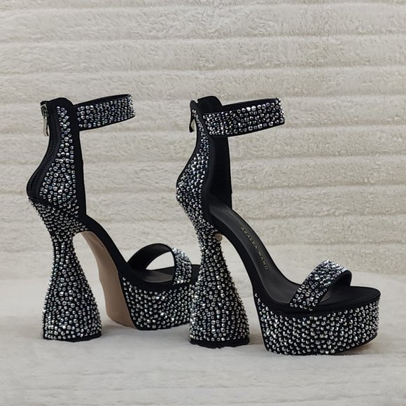 Black Satin & Silver Rhinestone Platform cylinder Heels YAR - Picture 7 of 9